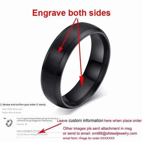 Vnox Personalize Stainless Steel Beveled Edge Brushed Center Ring for Men Women Black Wedding Band Custom Name Letter Date Ring