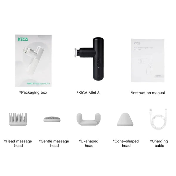 Kica Mini 3 Massage Gun, 3000RPM Stepless Speed, 7kgf Impact Force, 4 Heads, 255g Lightweight Sport Muscle Massager