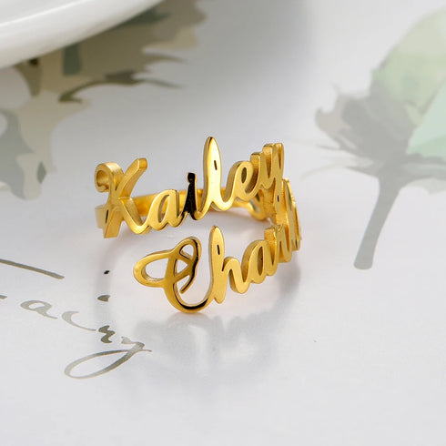 Custom Double First Name Finger Ring For Women Men Personalized Couple Family Gift Gold Color Stainless Steel Metal Jewelry
