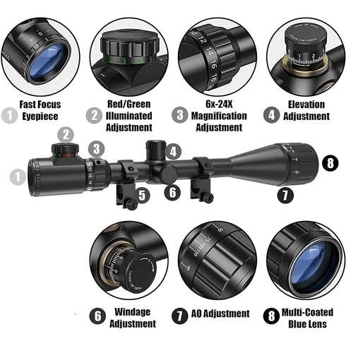6-24x50 AOE Hunting Scopes Long-Range Scope Illuminated Red/Green Reticle Tactical Optical Sight
