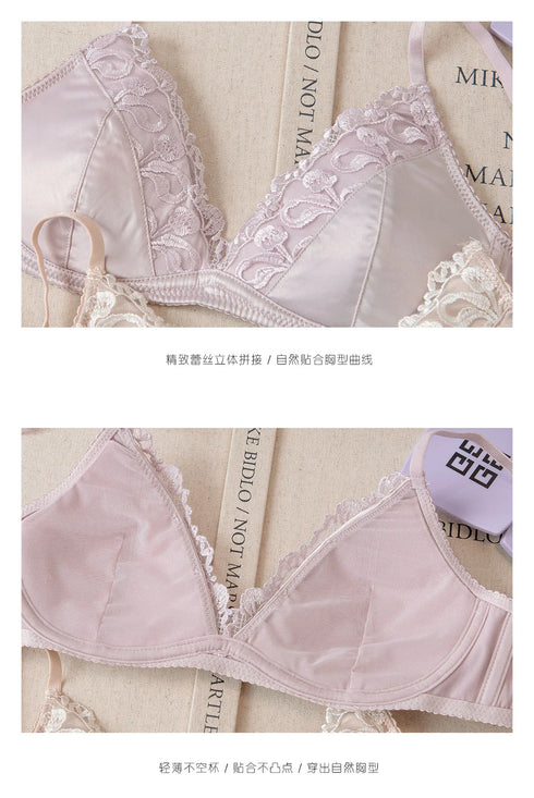 French Style Lingerie Set for Women, Thin Non-Wired Triangle Cup Bra, Lace & Embroidery Design