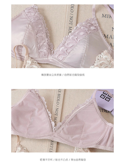 French Style Lingerie Set for Women, Thin Non-Wired Triangle Cup Bra, Lace & Embroidery Design