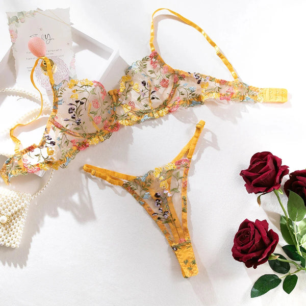 Yimunancy Floral Embroidery Lingerie Set Women Sheer 2-Piece Boho Bra + Panty Underwear Set Intimates