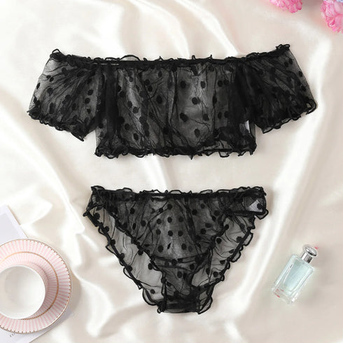 Polka Dot Pattern Semi-sheer Design Lingerie Set Bustier Top And Panty Sets Women's Clothing