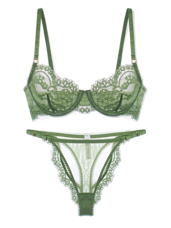 Sexy thin lace lingerie briefs sets women large size bras with steel ring see-through underwear set bra set