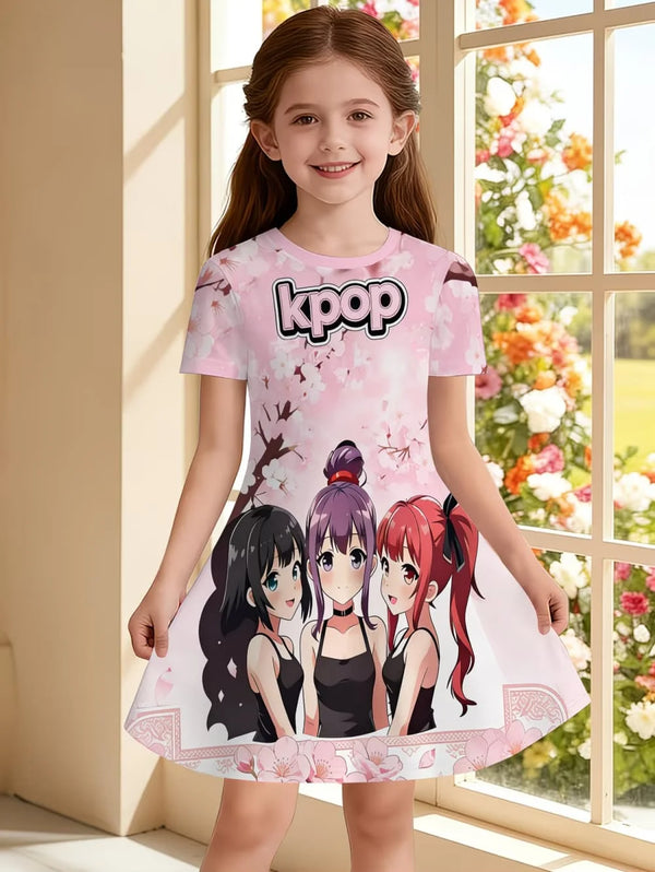 Kpop Cartoon Graphic Dress for Girls Funny Gift for Fan Harajuku Girl Clothes Summer Tops Short Sleeve Dress Children's Clothing