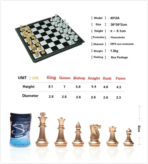 Magnetic International Chess Pieces Set, Folding Table Board, 3 Different Size, 36x31cm King 7.2cm