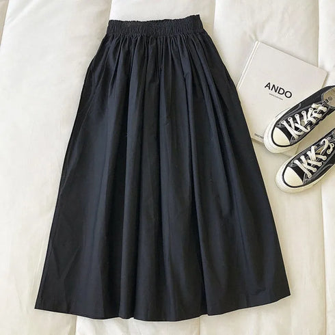 Women Black skirt midi High waist korean style Pleated a line Vintage Clothing 2026 new Summer Casual Fashion Ladies Work Wear