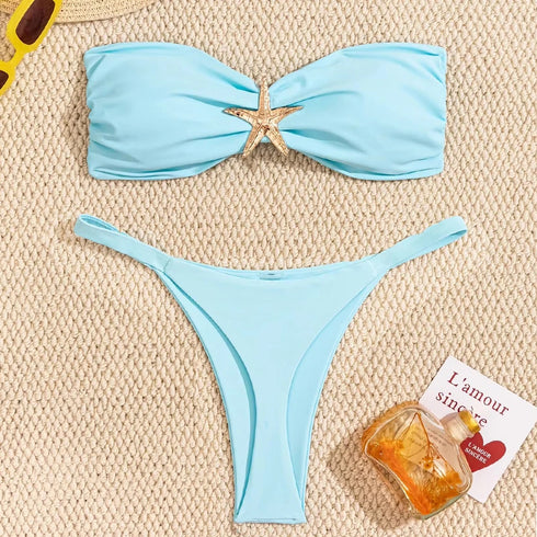 Sexy Bandeau Bikini Set 2026 Women Sky Blue Starfish Ornament Push Up Thong Swimsuit Brazilian Beach Bathing Suit Micro Swimwear