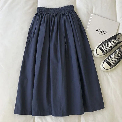 Women Black skirt midi High waist korean style Pleated a line Vintage Clothing 2026 new Summer Casual Fashion Ladies Work Wear