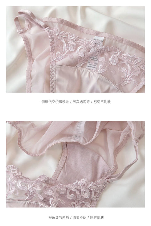 French Style Lingerie Set for Women, Thin Non-Wired Triangle Cup Bra, Lace & Embroidery Design