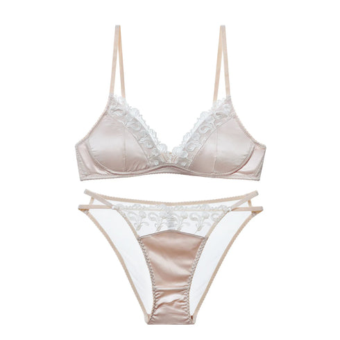 French Style Lingerie Set for Women, Thin Non-Wired Triangle Cup Bra, Lace & Embroidery Design