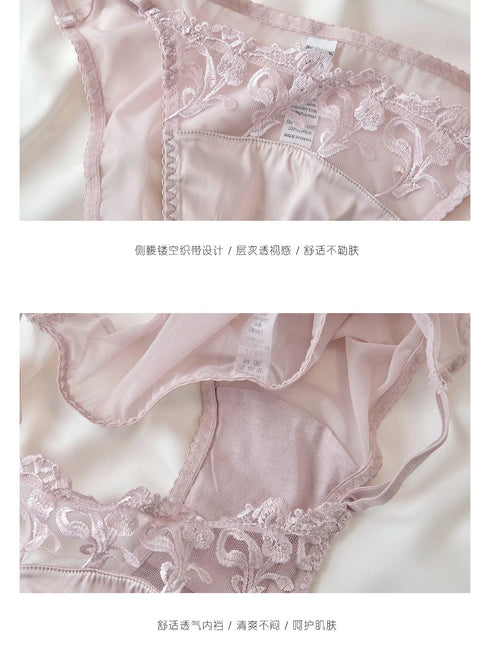 French Style Lingerie Set for Women, Thin Non-Wired Triangle Cup Bra, Lace & Embroidery Design