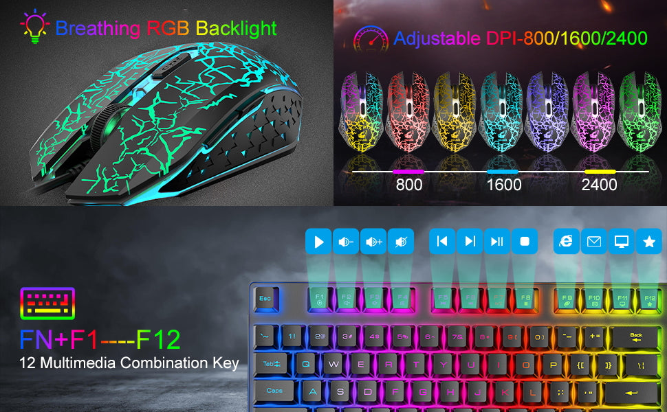 T87 Wireless Keyboard Mouse Set, Rainbow Backlit 2.4G Rechargeable Gaming Keyboard 2400DPI Optical Gaming Mouse with Mouse Pad