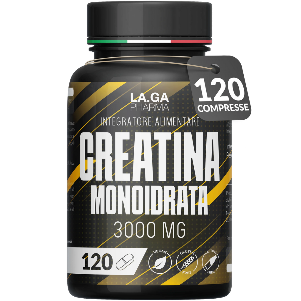 Creatine Monohydrate 120 Tablets of 3000mg Creatin Pure per dose. Creatine Monohydrate for Muscle Mass and Energy Boost. Creatine Pre and Post Workout. Creatine Made in Italy, 100% Vegan | LAGA Pharma. LAGA Healthy. LA.GA |