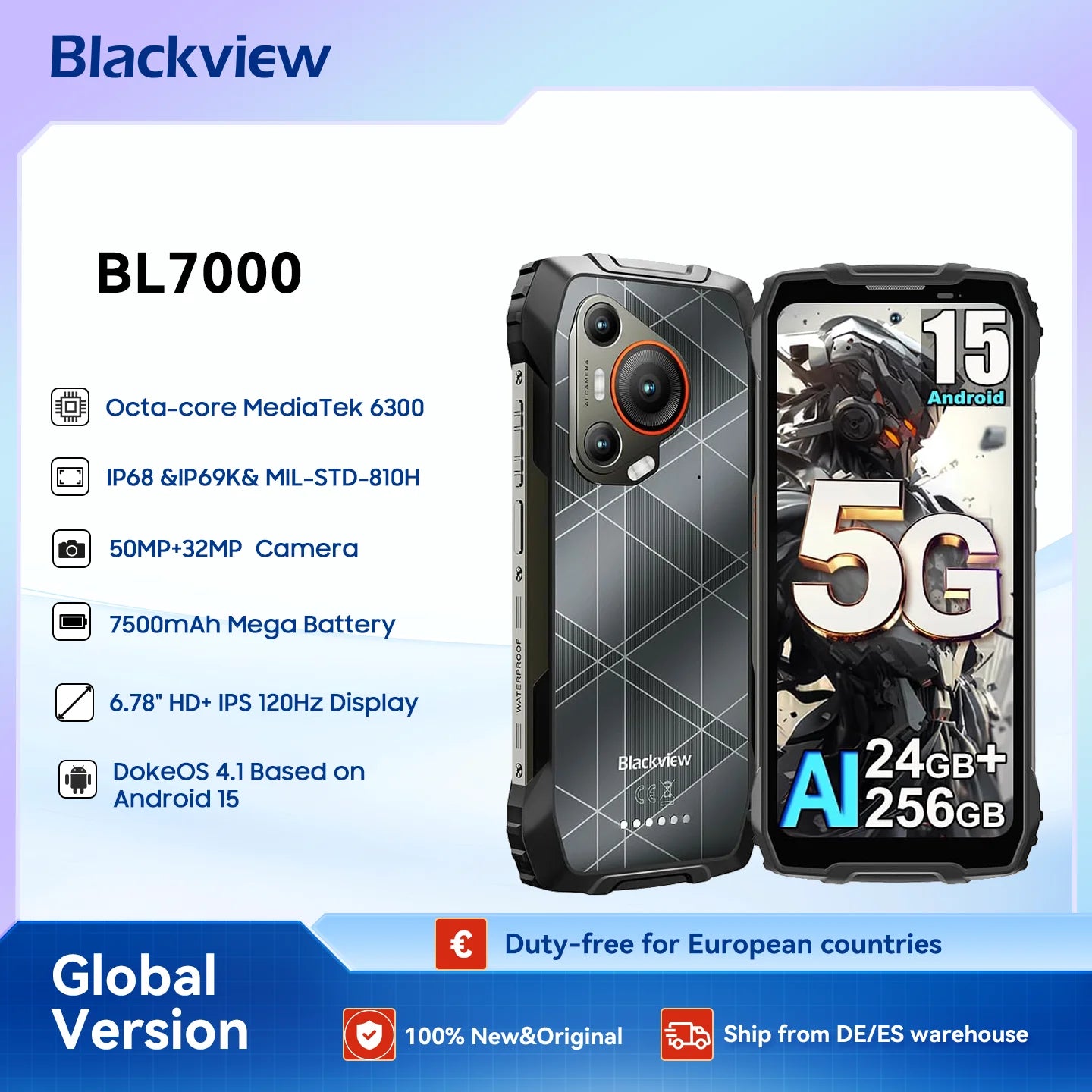 Blackview BL7000 AI 5G Rugged Phone Android 15, MTK 6300, 6.78" FHD+ 120Hz, 7500mAh/33W, Rugged Smartphone Dual SIM NFC/IP69K Main image
