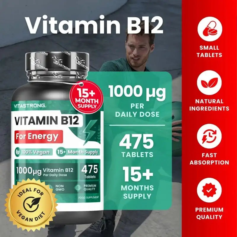 Vitamin B12 1000mcg Vegan, 475 Tablets, 1 per Day (Escort 15 + Months) B12 Vitamin for Energy, Fatigue and Immune System, Vit B12 High Quality Vitamin B 12 Cyanocobalamin Without GMOs