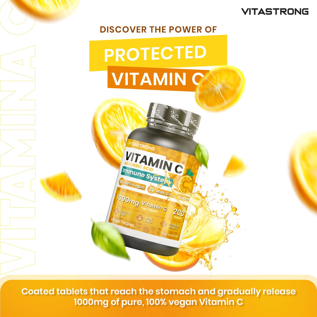 Vitastrong Vitamin C 1000mg High Dose-200 Tablets, 100% Vegan, Slow Release Ascorbic Acid for Immune Support, Skin Health, Fatigue Reduction and Collagen Formation