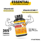 Vitastrong D3 + K2 Vitamin 365 days Tablets 2000 IU, 100 mcg, MK-7 for the support of the immune system, joints, muscles and bones