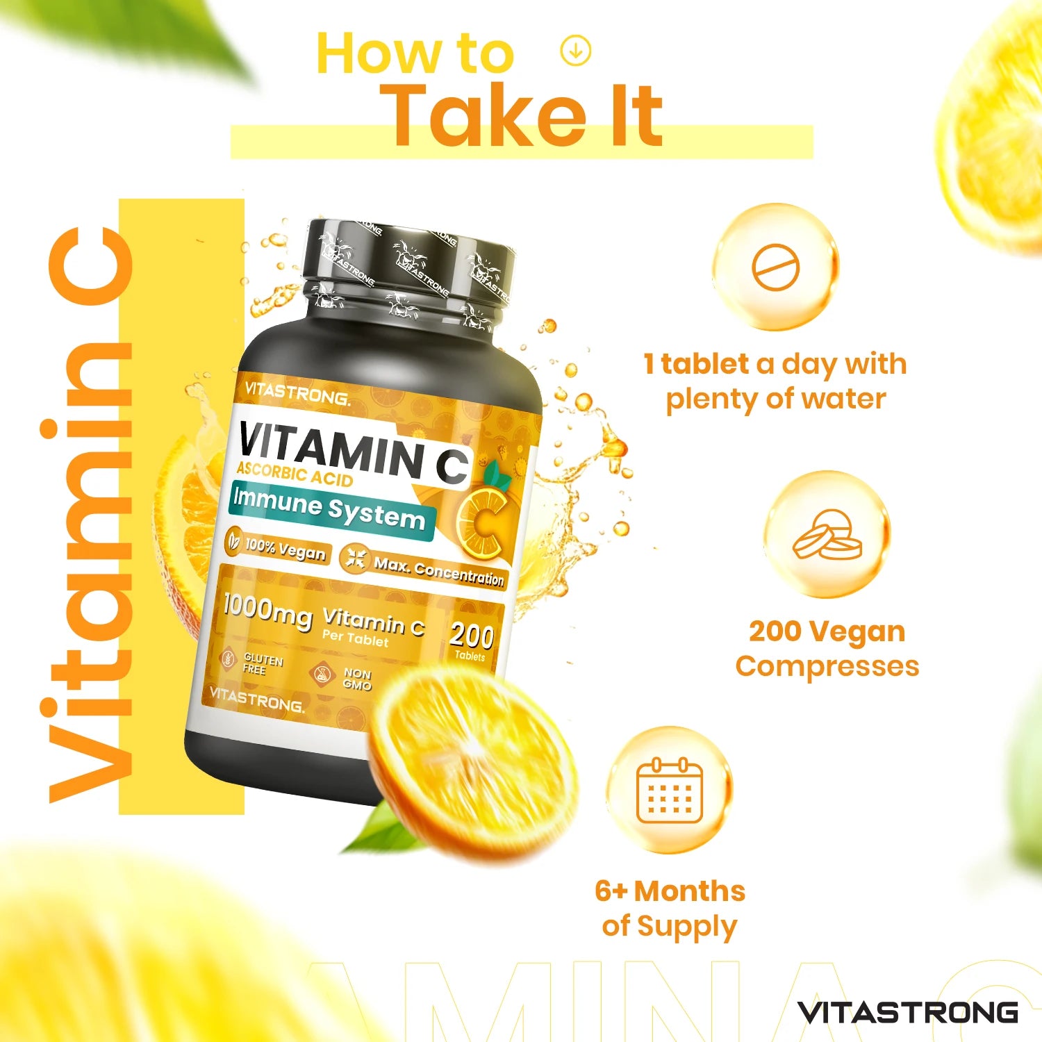 Vitastrong Vitamin C 1000mg High Dose-200 Tablets, 100% Vegan, Slow Release Ascorbic Acid for Immune Support, Skin Health, Fatigue Reduction and Collagen Formation