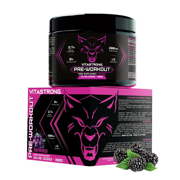 Pre-Workout Powerful 300g - Vegan Supplement with L-Citrulline, Beta-Alanine, Caffeine, Taurine, AstraGin, Panax Notoginseng, Vitastrong (24 Portions, Berries Flavor) - Made in Italy, Preworkout Supplement Powder