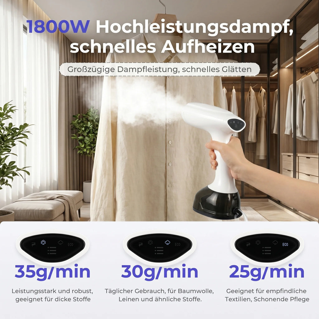 Portable Clothes Steamer 1800W Handheld Steam Iron, 3 Levels Adjustable 25-35g/min, Steam Brush with 400ml Detachable Water Tank, 20s Fast Heating, for Travel & Home, Wrinkle Remover for Clothes