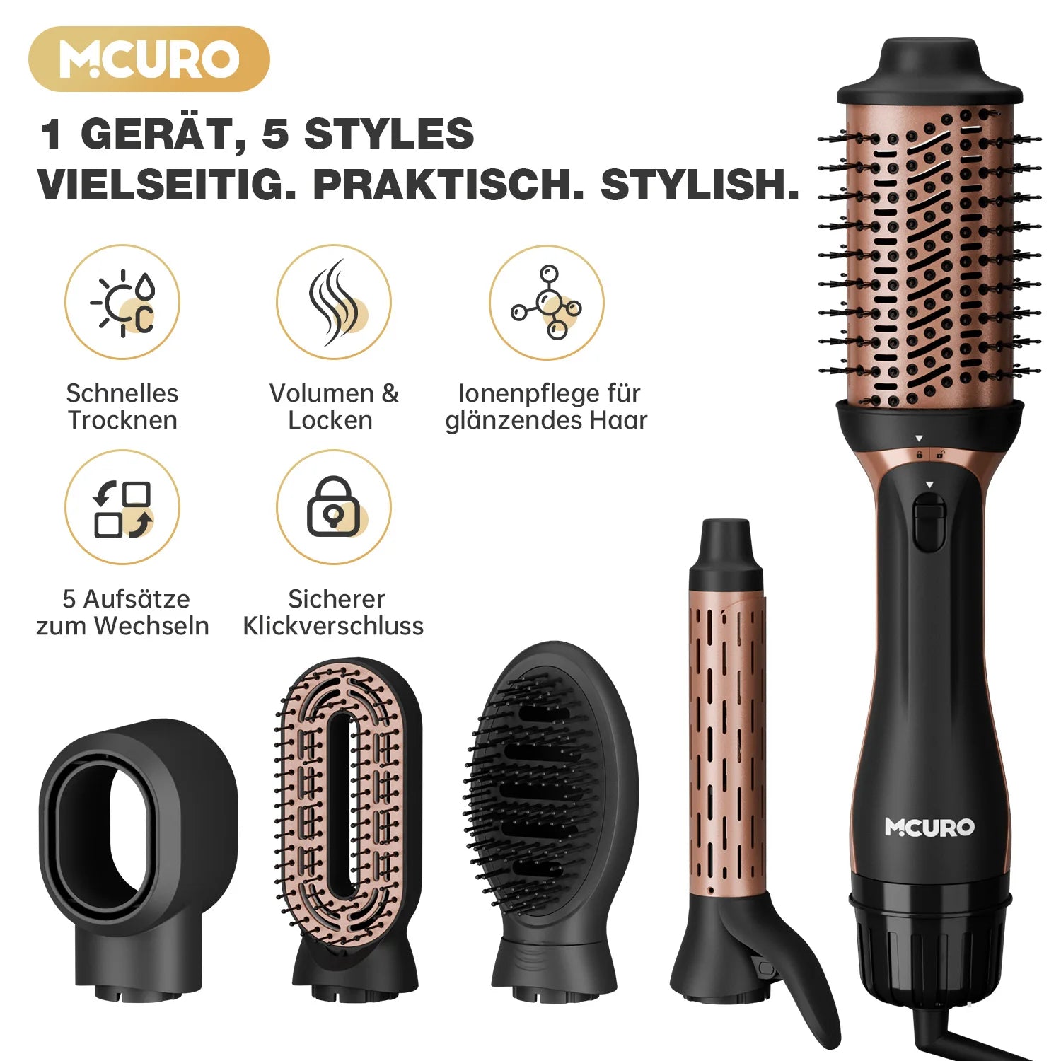 Professional 5-in-1 Hot Air Brush Set, Ionic Technology, 1200W Hair Dryer Styler Tool, 4 Heat Settings, 360° Swivel Cord