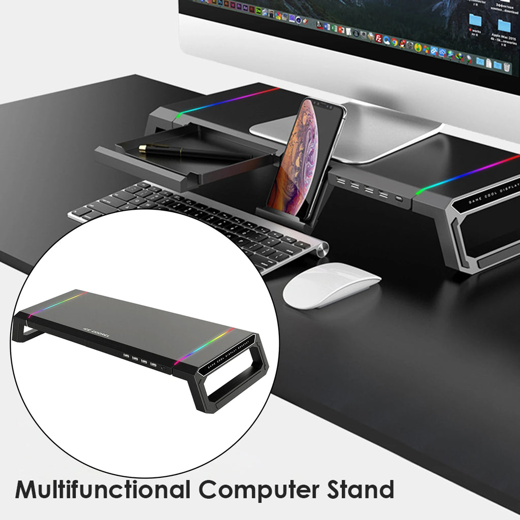 Aluminum RGB Monitor Stand Riser Bracket with 4 USB Ports Desk Organizer All-In-One Computer Laptop Height Stand Holder