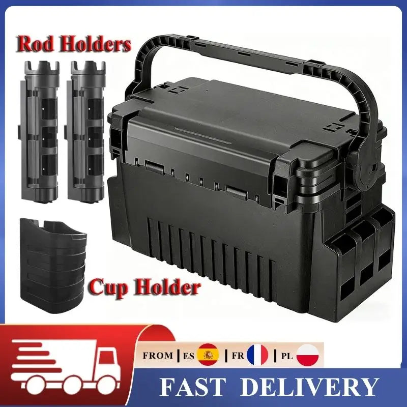 Double Layer Fishing Tackle Box Portable Waterproof Fishing Gear Storage Case with Adjustable Dividers, Rod Holders & Cup Holder Main image