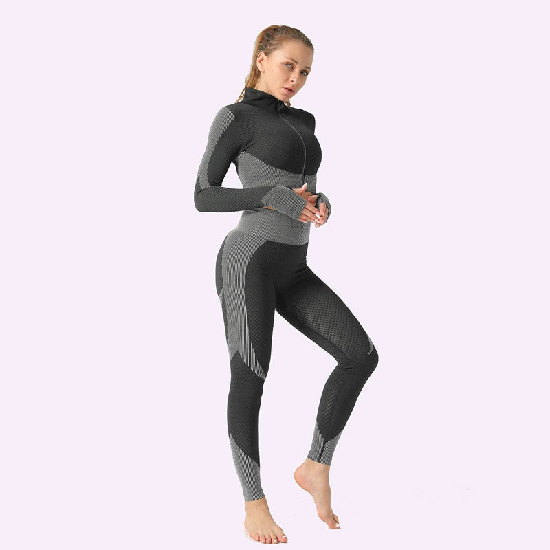 2/3Pcs Women Yoga Suit Seamless Knitted Yoga Pants Leggings Clothing Zipper Long Sleeve Crop Top Fitness Wear Sportswear Gym Set