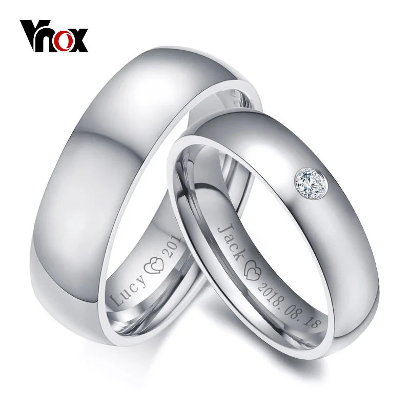 Vnox Basic Wedding Bands Rings for Women Man Customize Name Date Love Info Promise Alliance Anniversary Personalized Gift Main image