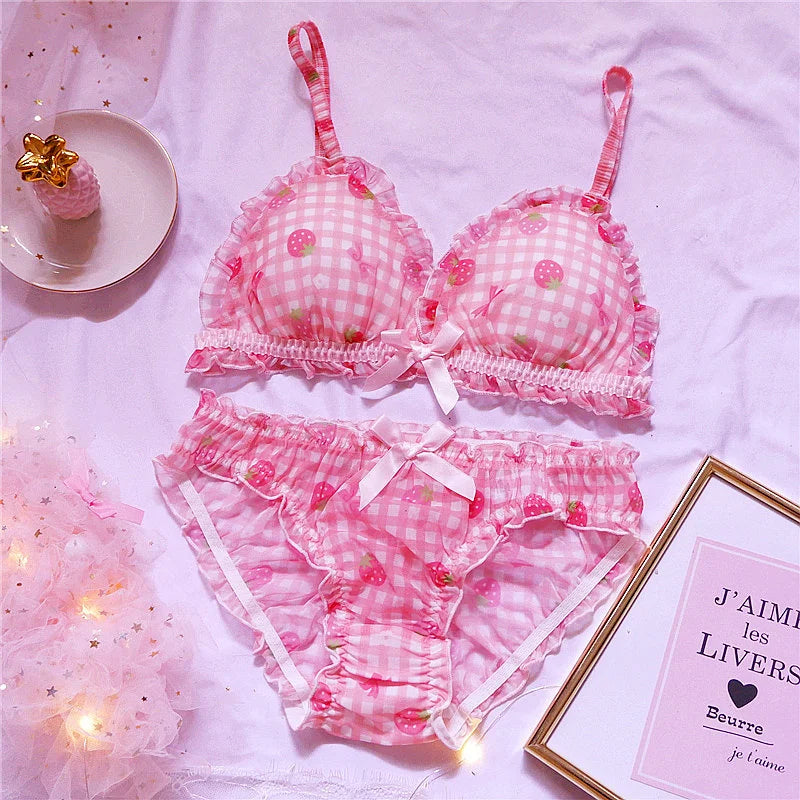 Cute Japanese Bras Briefs Underwear Set Lolita Girl Pink Plaid Flower Mesh Sexy Strawberry Print Bra & Panties Lingerie Set Main image