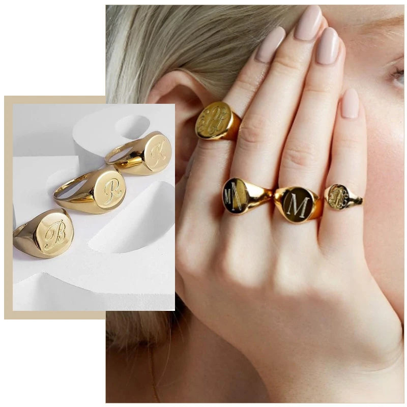 Customized Women Signet Ring, Chunky Round Top Initial Letter Stamp, Stainless Steel Punk Candid Fashion Jewelry Gift To Girls Main image