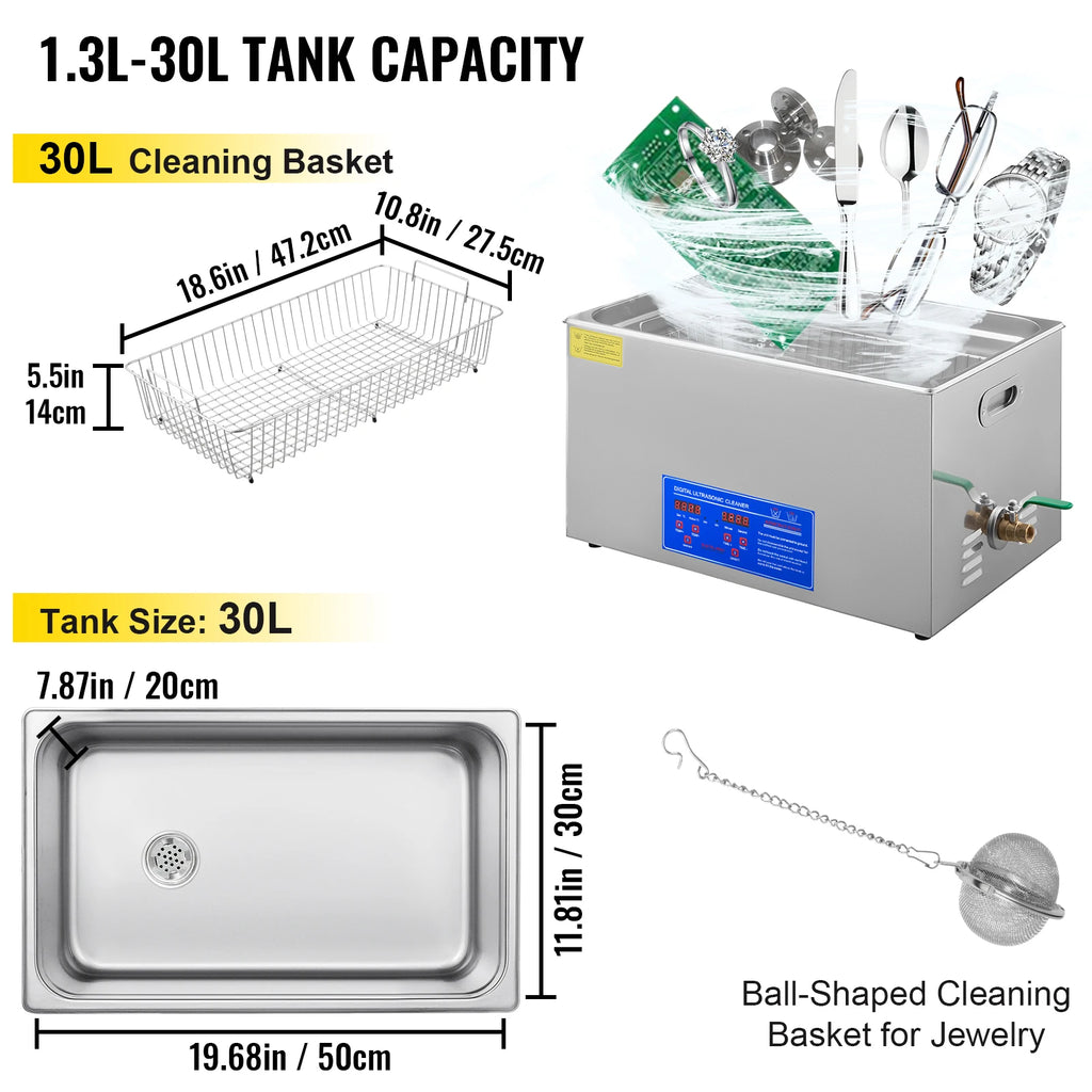 VEVOR Ultrasonic Cleaner Ultrasound Cleaner Portable Ultrasound cleaning Machine Multifunction 1.3L-30L Diswasher Home Appliance