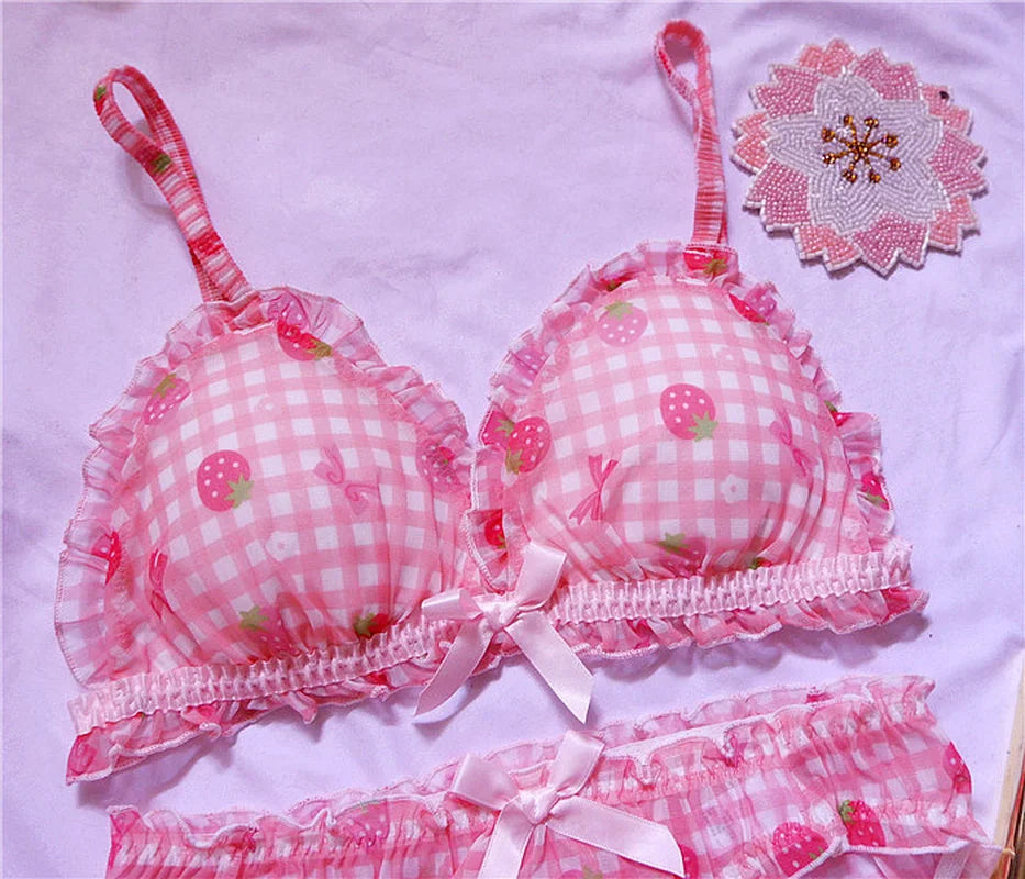 Cute Japanese Bras Briefs Underwear Set Lolita Girl Pink Plaid Flower Mesh Sexy Strawberry Print Bra & Panties Lingerie Set Secondary image