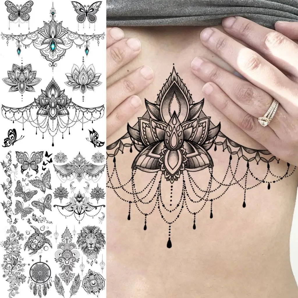 Lotus Henna Mandala Chest Temporary Tattoos For Women Underboob Adult Butterfly Turtle Lion Fake Tattoo Sexy Waterproof Tatoos Main image