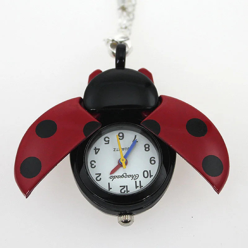 Free Drop Shipping Elegant Hot Popular Fashion Colorful Ladybug Fob Clock Necklace Pocket Pendant Dress Quartz Watch GL02