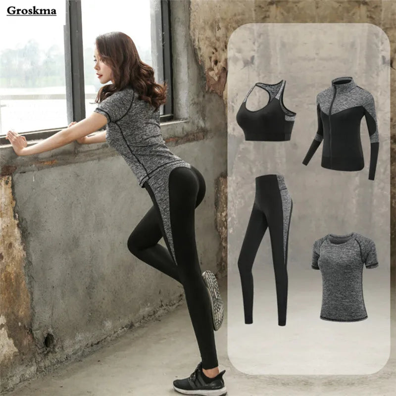 Quick dry women sportswear yoga set fitness gym yoga clothing suit sets coat+bra+t shirt+leggings 2019 workout running training Secondary image