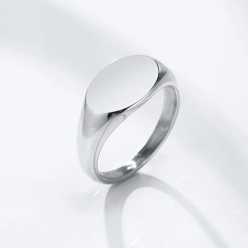 Customized Women Signet Ring, Chunky Round Top Initial Letter Stamp, Stainless Steel Punk Candid Fashion Jewelry Gift To Girls