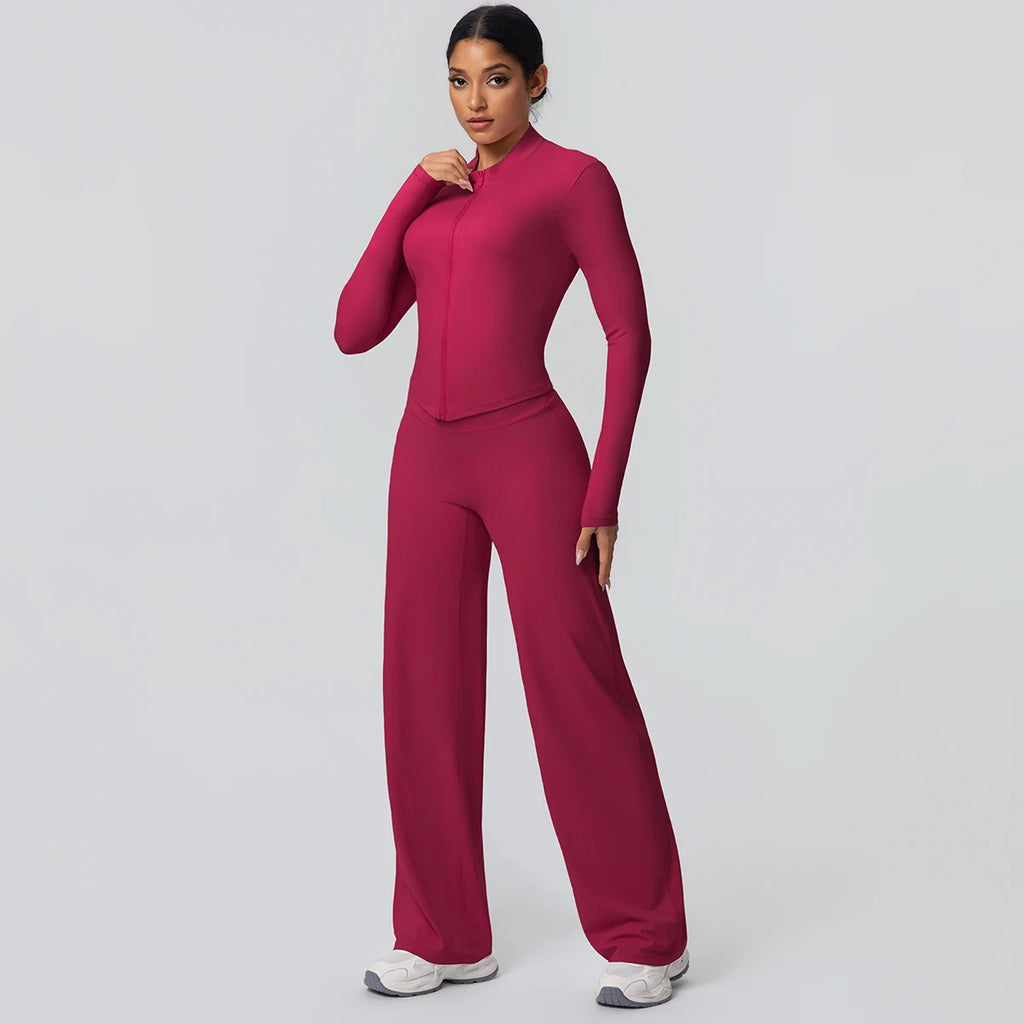 2pieces Quick Drying Sports Fitness Clothing Yoga Set Women Yoga Zipper Long Dleeves High Waisted Breathable Wide Leg Pants Set