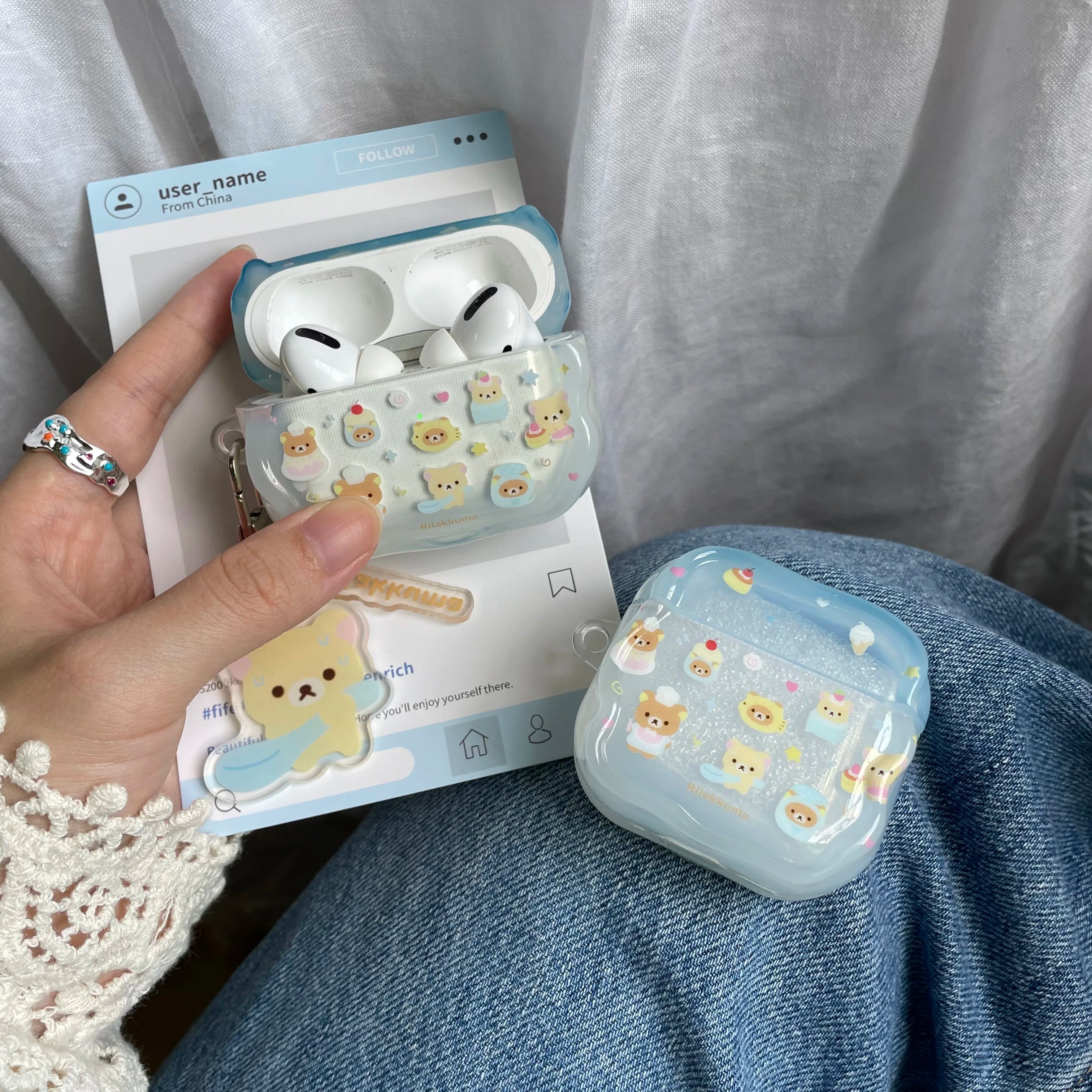 Cartoon Cake Bear Blue Wave Case for AirPods 2 3 4 ANC Cover with Keyring for Apple AirPod Pro 3 2025 Earphone Protective Cases Secondary image