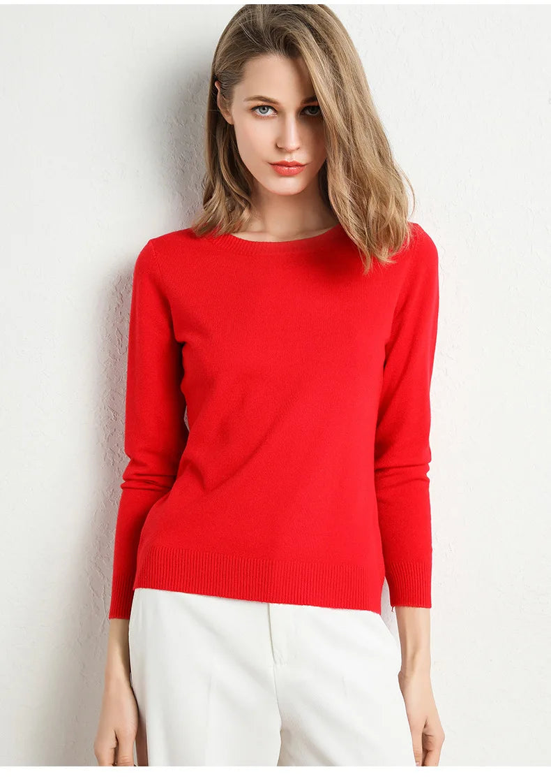 Women Slim O-Neck Pullover Cashmere Wool Blending Sweater Autumn And Winter Long-Sleeved Knit Bottoming Shirt Large Size 2024