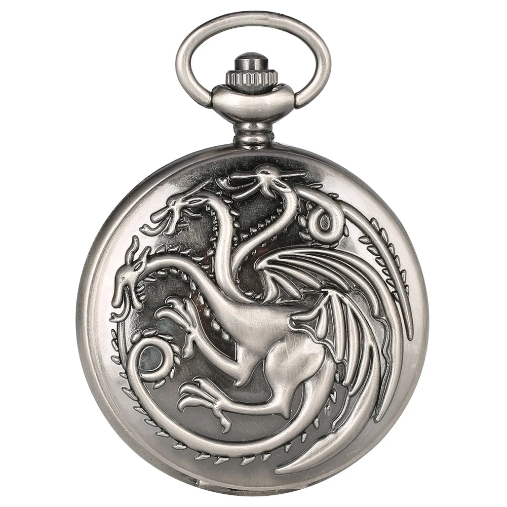 Retro Gray Three-headed Fire Dragon Necklace Quartz Pocket Watch Men Antique Nordic Amulet Pendant Women Game Movie Jewelry Hour Main image