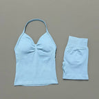 2 Pieces Sports Set Women Backless Halter Tops Fitness Tank Top High Waist Seamless High Stretch Shorts Gym Workout Sets