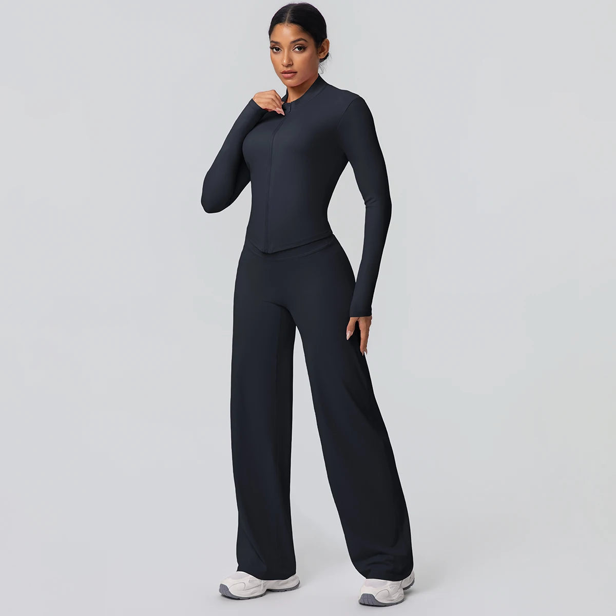 2pieces Quick Drying Sports Fitness Clothing Yoga Set Women Yoga Zipper Long Dleeves High Waisted Breathable Wide Leg Pants Set