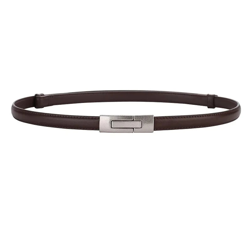 Adjustable Women’s Skinny Thin Belt, Classic Solid Color Genuine Leather Waistband for Trendy Coats and Dresses