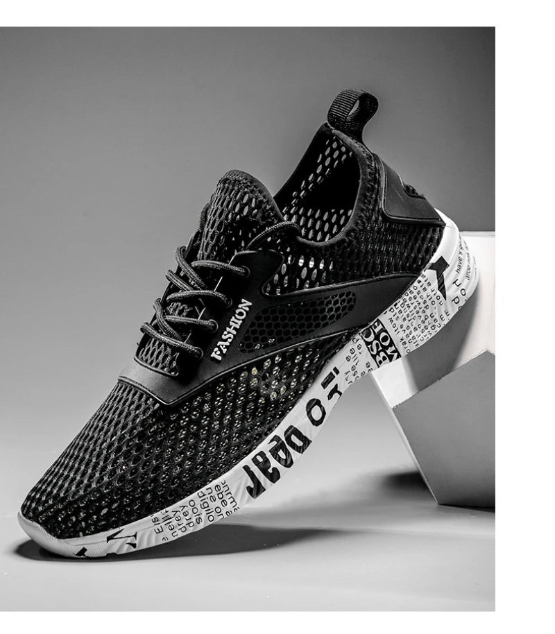 Summer Mens Black Hollow Mesh Sneakers Fashion Breathable Lightweight Casual Walking Shoes Printed Sole Outdoor Sports Footwear
