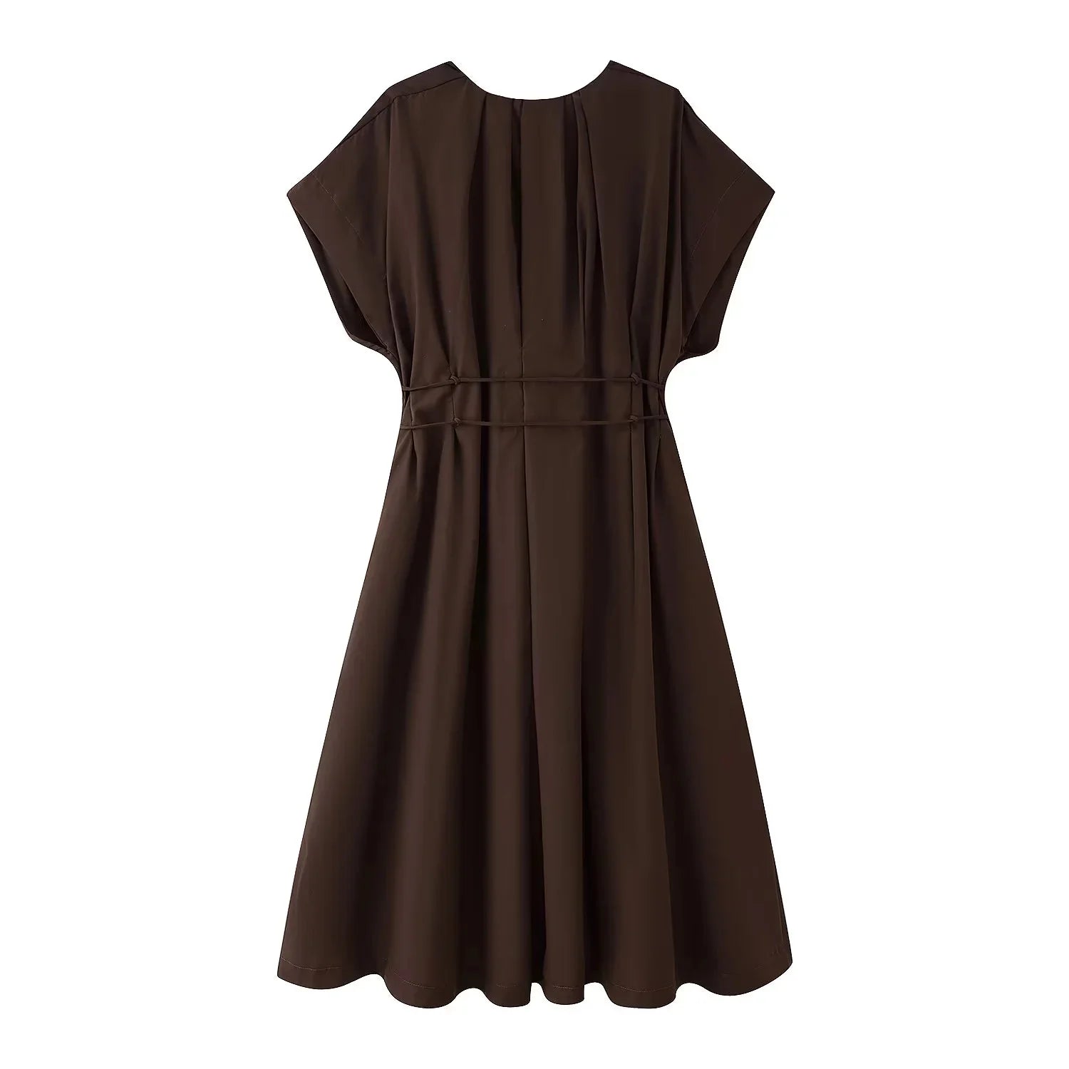 KONDALA 2026 Spring Summer Vintage Women Dress Fashion Single Breasted Sashes Draped V Neck Sleeveless Chic Brown Ladies Dresses