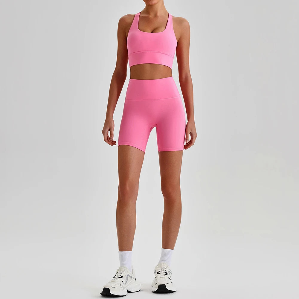 Buttery Soft Nylon Yoga Set Crisscross Back Sports Bra High Waist Biker Shorts 2 Piece Gym Set Workout Outfit Women Activewear