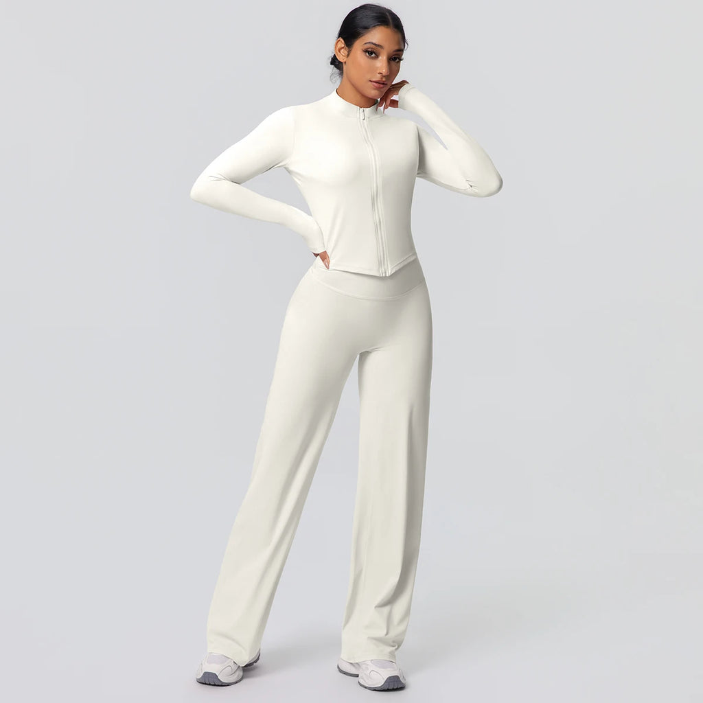 2pieces Quick Drying Sports Fitness Clothing Yoga Set Women Yoga Zipper Long Dleeves High Waisted Breathable Wide Leg Pants Set